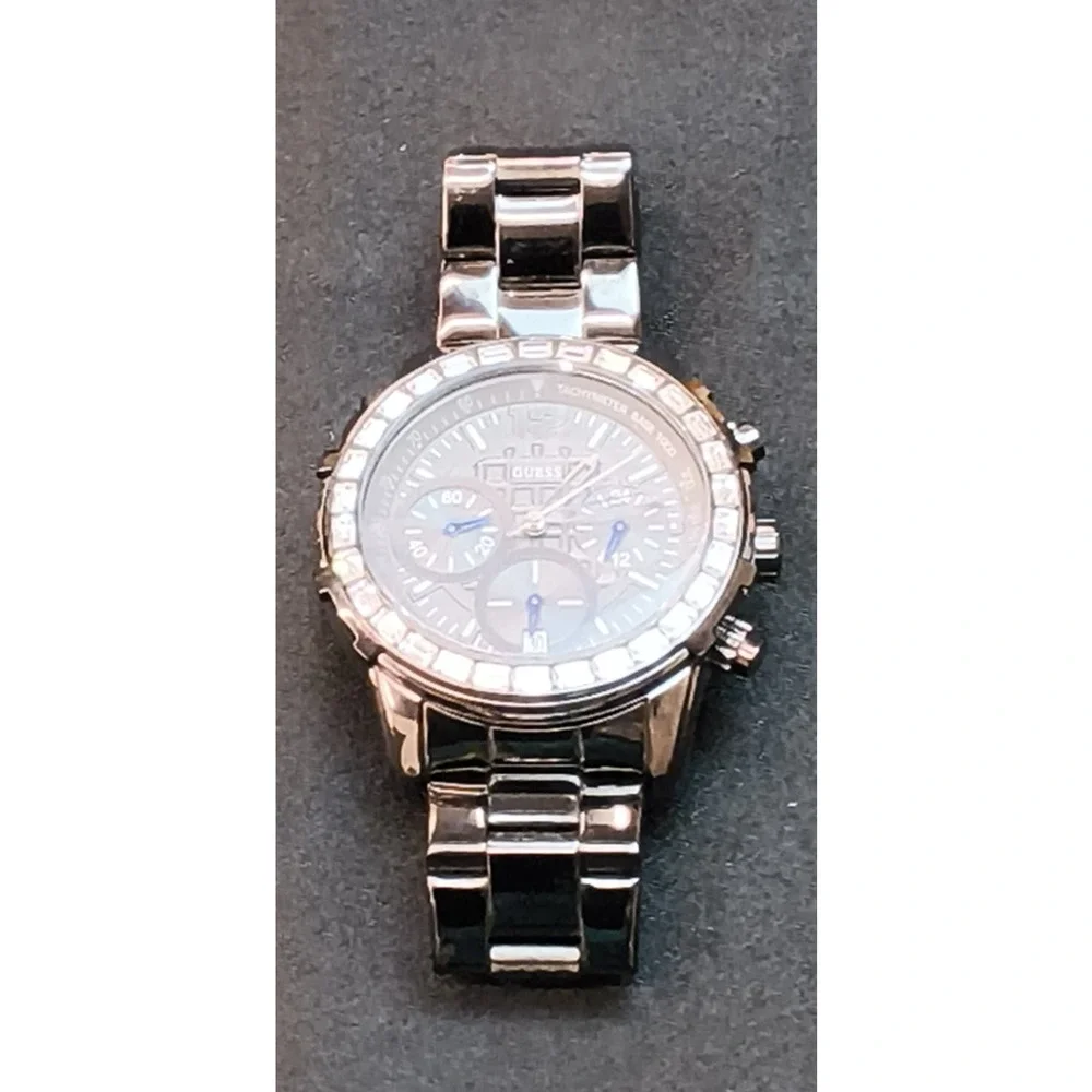 Guess Gun Metal Toned Chronograph Women's Watch U0016L3 WR 330' Jeweled #W5151
